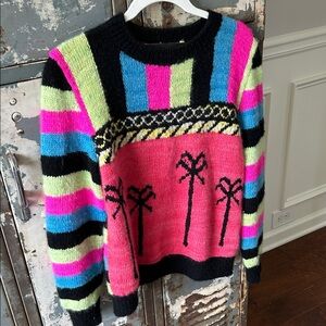 The Elder Statesman Neon Pink, Lime & Blue Palm Tree Crewneck Sweater